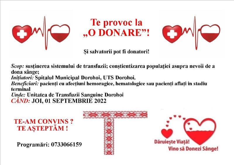 Campania „Te provoc la o donare!” continuă la UTS Dorohoi! Să contribuim cu o picătură de viață! 