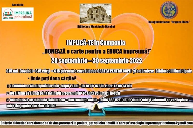 Biblioteca Municipală Dorohoi: Implică-te și tu în campania „Donează o carte pentru a educa împreună!”