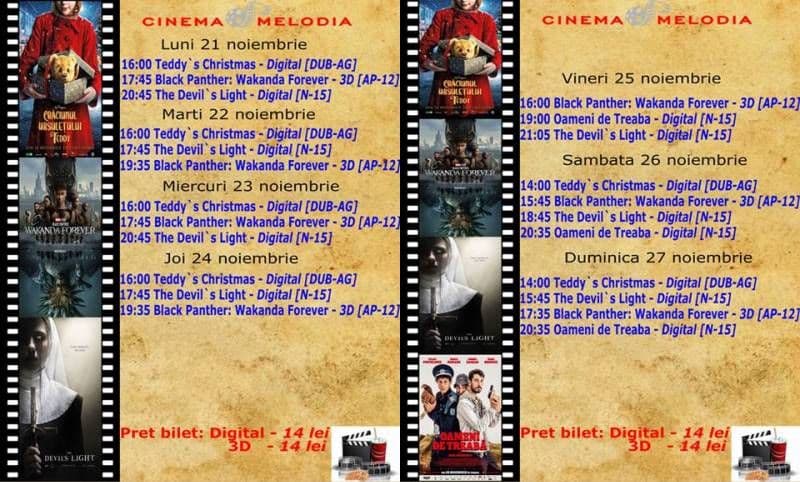 Vezi programul cu filmele vor rula la Cinema „MELODIA” Dorohoi, în săptămâna 21-27 noiembrie