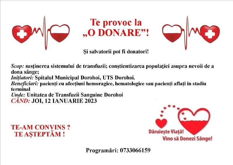 UTS Dorohoi: Implică-te în campania „Te provoc la o donare!” Facem bine împreună!