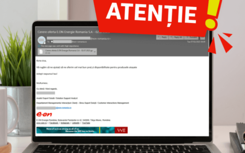 E.ON Energie România avertizează asupra unor e-mailuri de tip phishing primite de clienți ai companiei