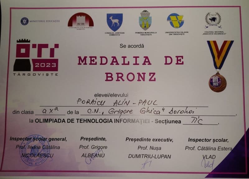Medalie de bronz obținută de un elev al Colegiului Național „Grigore Ghica” Dorohoi la etapa națională a Olimpiadei de Tehnologia Informației