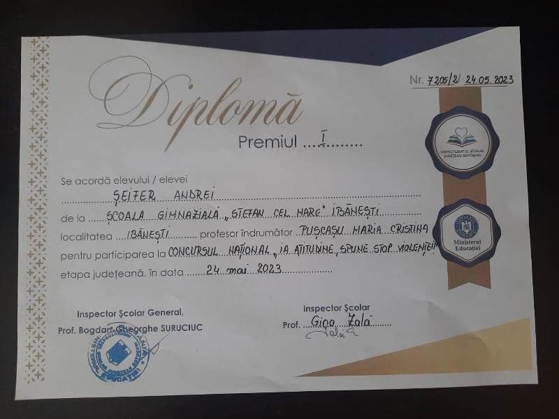 Premiul I, obținut de un elev de la Școala Gimnazialǎ Ibǎnești, la concursul național „Ia atitudine, spune stop violenței!’’