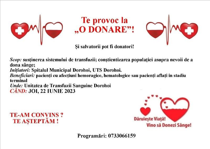 Salvarea unei vieți este în tine! Donează sânge! - Campanie de donare la UTS Dorohoi. Vezi când și cum poți dona!