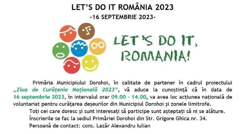 Primăria Dorohoi anunță informații privind proiectul „Ziua de Curățenie Națională 2023”