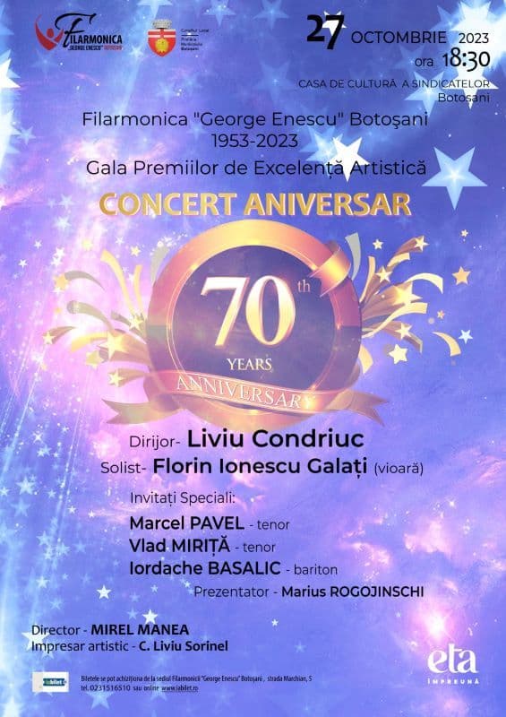Concert aniversar la Filarmonica „George Enescu” Botoșani. Invitați speciali Marcel Pavel, Vlad Miriță și Iordache Basalic