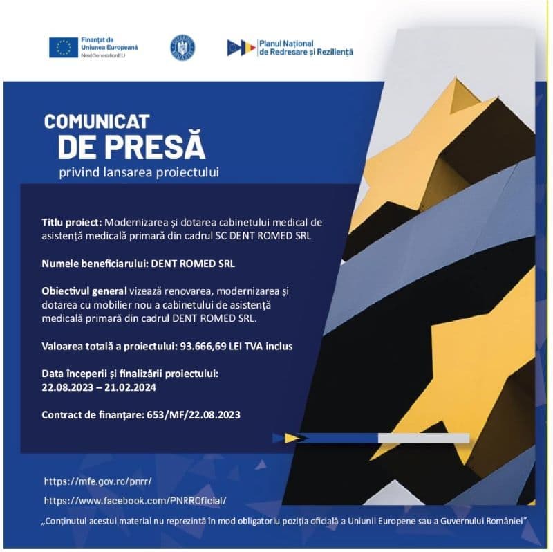 „Modernizarea și dotarea cabinetului medical de asistență medicală primară din cadrul SC DENT ROMED SRL” – Proiect realizat prin PNRR