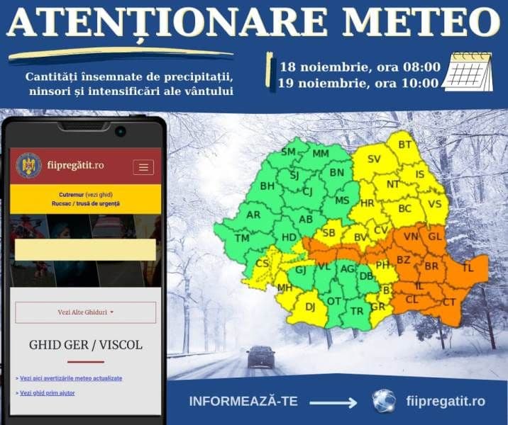 Avertizare meteo! Cod Galben de instabilitate atmosferică - ninsoare