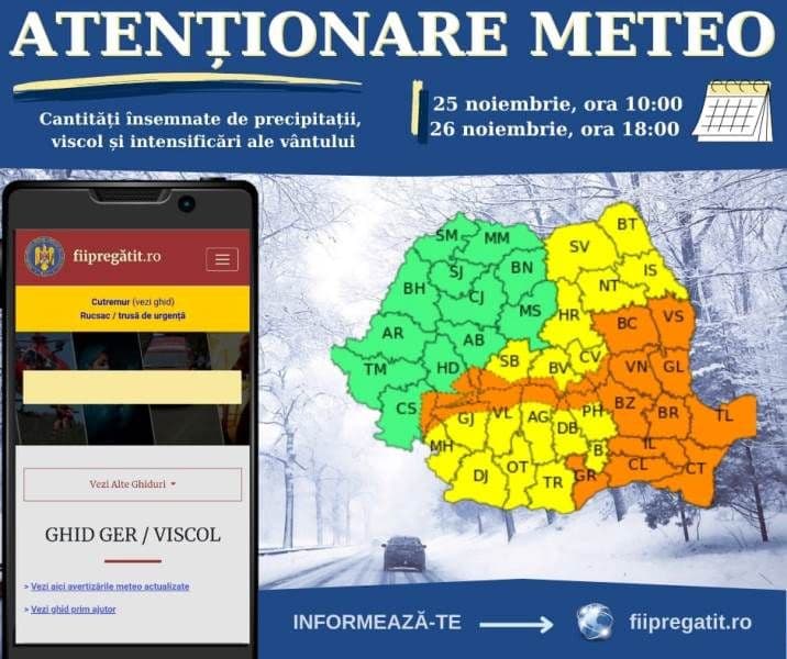 COD GALBEN de intensificări ale vântului și precipitații însemnate cantitativ pentru județul Botoșani