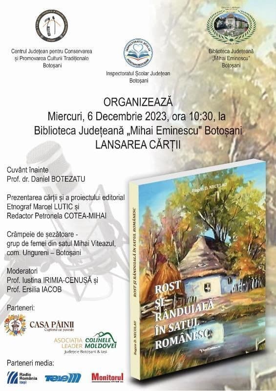 „Rost și rânduială în satul românesc”: Lansare de carte la Biblioteca Județeană Botoșani