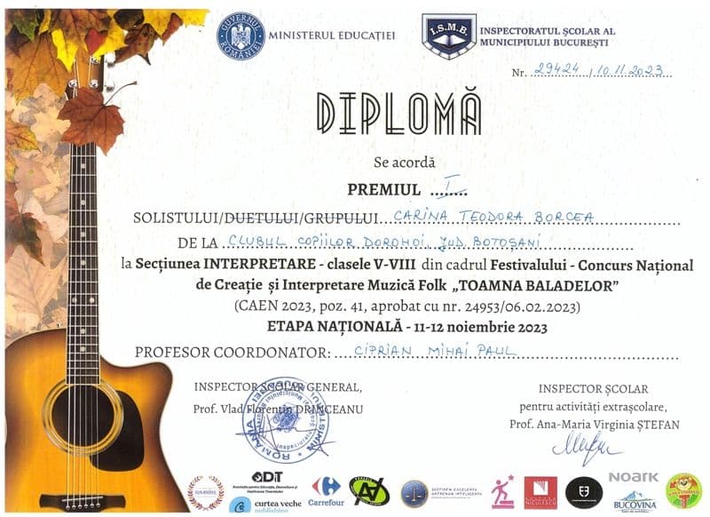 Premiul I -  BORCEA CARINA-TEODORA (interpretare clasele V-VIII) - Festivalul National Toamna Balade
