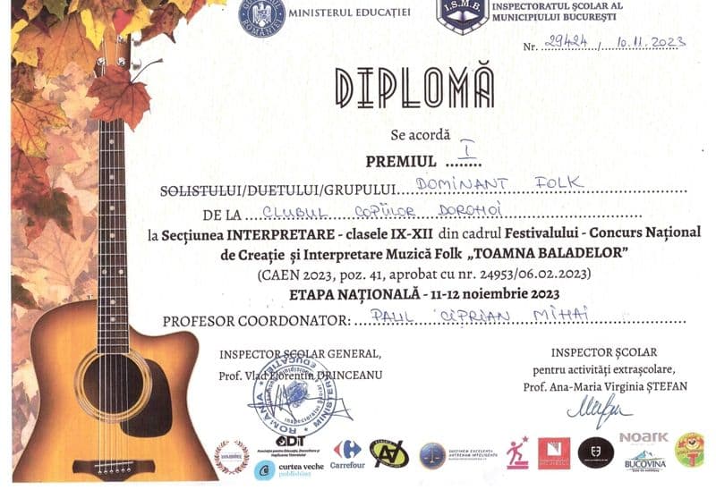 Premiul I -  DOMINANT FOLK  (interpretare grupuri clasele IX-XII) - Festivalul National Toamna Balad
