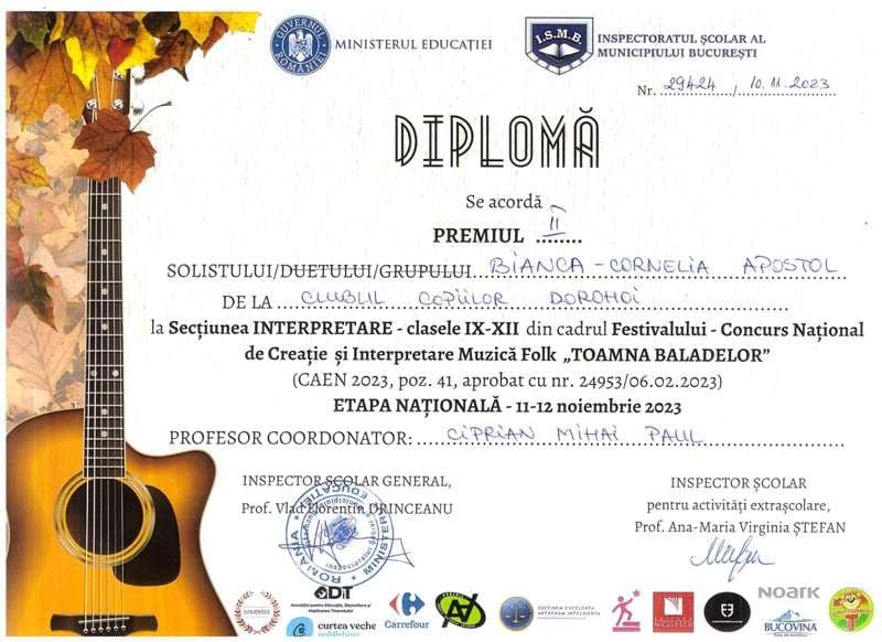 Premiul II -  APOSTOL BIANCA (interpretare clasele IX-XII) - Festivalul National Toamna Baladelor -.