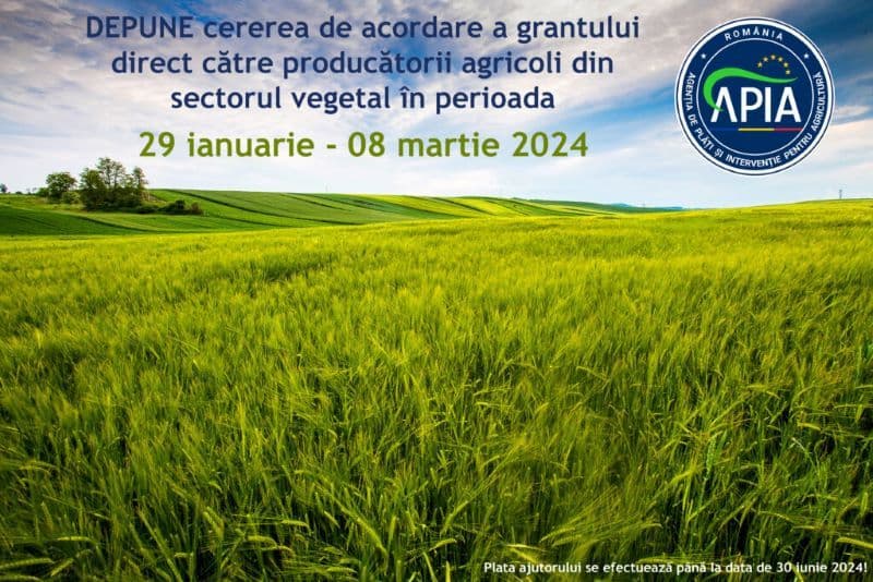 APIA: Depunere cereri de acordare a grantului direct destinat producătorilor agricoli din sectorul vegetal