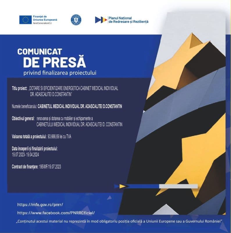 PNRR: Anunț finalizare implementare proiect „Dotare și eficientizare energetică cabinet medical individual dr. Adăscăliței D. Constantin”