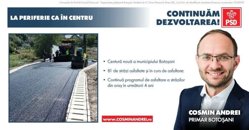 Primarul Cosmin Andrei anunță că va continua și în mandatul următor programul „La periferie la fel ca în centru” precum și asfaltări în multe zone din