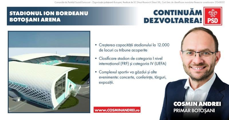 Modernizarea Stadionului Ion Bordeanu și transformarea sa în Arenă de nivel UEFA este o prioritate a administrației PSD Cosmin Andrei