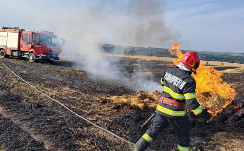Patru hectare de grâu, două de miriște și o balotieră au ars pe un câmp din Miorcani