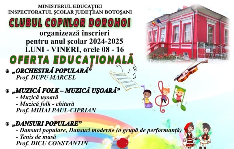 Clubul Copiilor Dorohoi organizează înscrieri pentru anul şcolar 2024-2025. Vezi detalii!