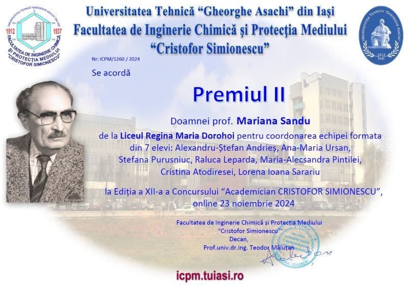 Liceenii de la „Regina Maria” Dorohoi, colecție de premii la Concursul de chimie „Academician Cristofor Simionescu”
