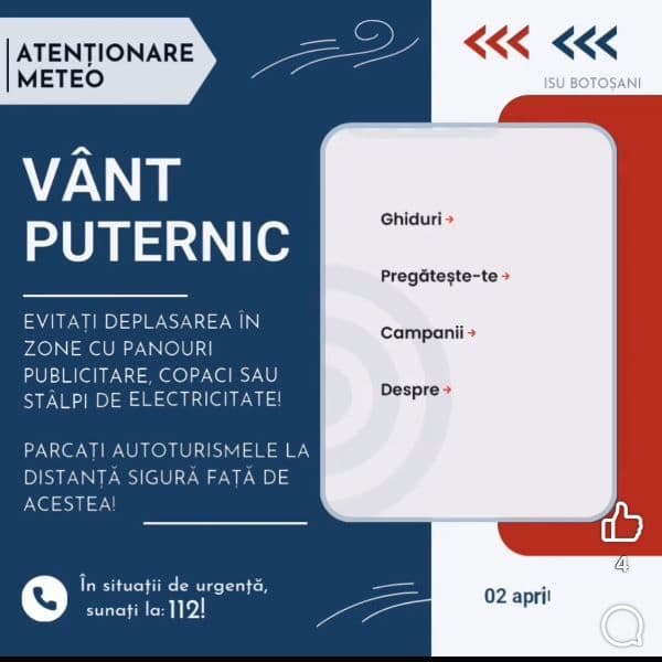 Meteorologii au emis atenționări tip cod galben de intensificări ale vântului, pentru județul Botoșani