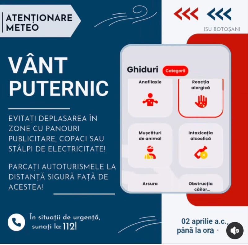 Atenționare tip cod galben de intensificări ale vântului pentru județul Botoșani