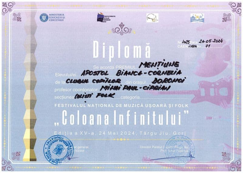 Mentiune - BIANCA APOSTOL - Festivalul National Coloana Infinitului Targu Jiu - 2024