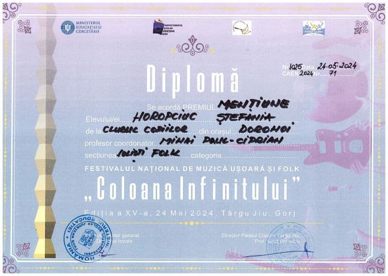 Mentiune - STEFANIA HOROPCIUC - Festivalul National Coloana Infinitului Targu Jiu - 2024.jpeg