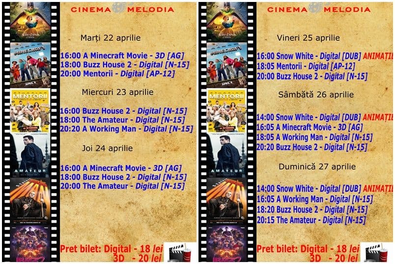 Vezi ce filme vor rula la Cinema „MELODIA” Dorohoi, în perioada 22-27 aprilie 2025 – FOTO