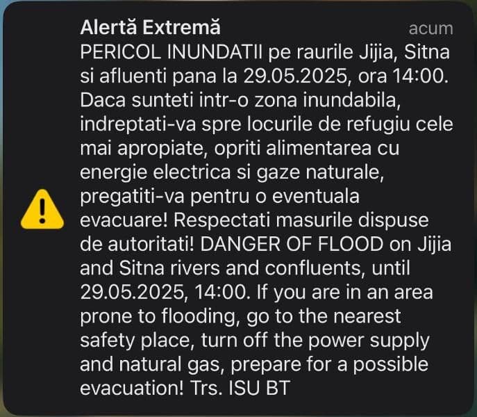 Cetățenii avertizați prin mesaj RO-ALERT de pericolul de inundații pe râurile Jijia și Sitna. CODUL ROȘU a fost emis