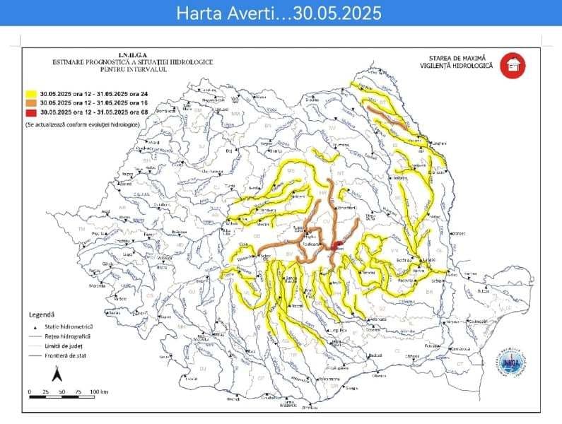 Cod Portocaliu de inundații pe râul Miletin și Cod Galben pe Jijia 