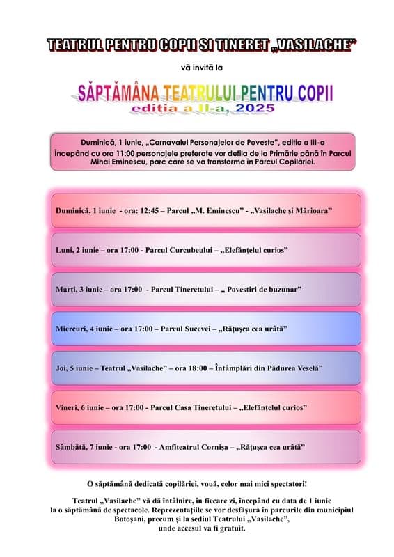 Săptămâna Teatrului pentru copii oferită de Teatrul Vasilache la Botoșani. Vezi programul!