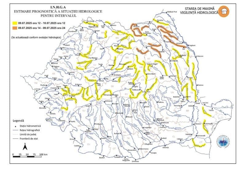 Cod GALBEN și PORTOCALIU de inundații pe râul Jijia și afluenții acestuia