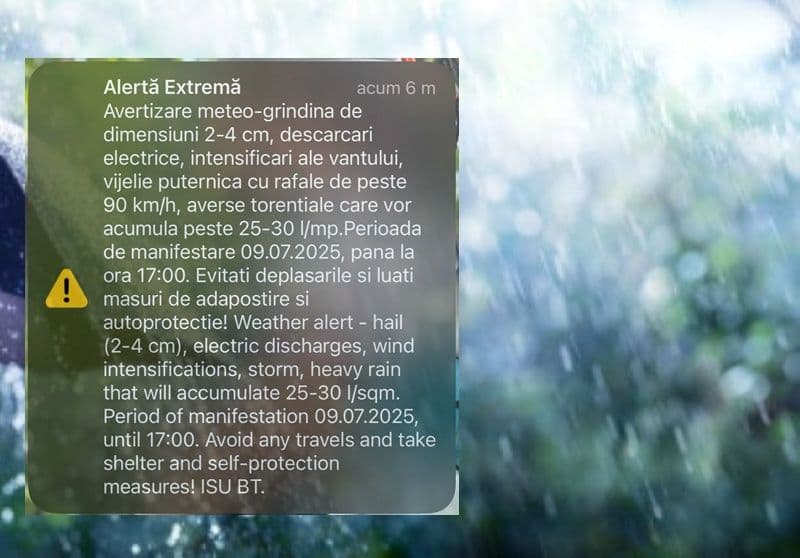 Meteorologii au emis o avertizare nowcasting COD ROSU. Cetățenii au fost avertizați prin RO-Alert