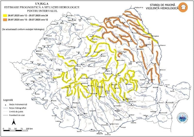 Cod Portocaliu și Galben de inundații pe râurile Prut, Jijia și afluenții acestora