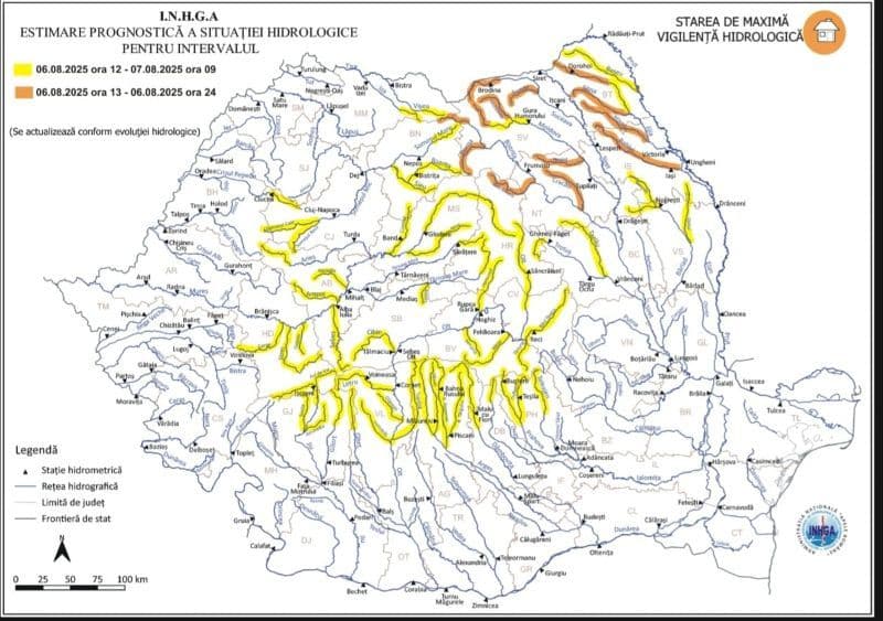 Atenție! COD PORTOCALIU de instabilitate atmosferică și CODURI PORTOCALIU și GALBEN de inundații