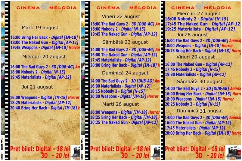 Vezi ce filme vor rula la Cinema „MELODIA” Dorohoi, în perioada 19 - 31 august – FOTO