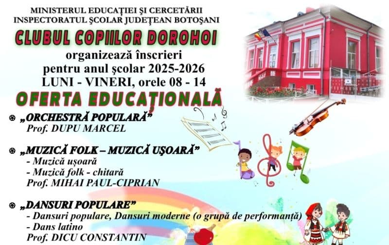 Clubul Copiilor Dorohoi organizează înscrieri pentru anul şcolar 2025-2026. Vezi detalii!