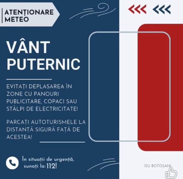 Cod Galben de vânt pentru județul Botoșani 