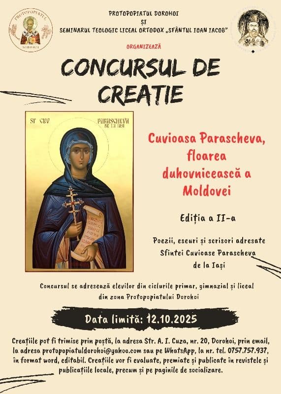 Concursul de creație literară „Cuvioasa Parascheva, floarea duhovnicească a Moldovei”, ediția a II-a    
