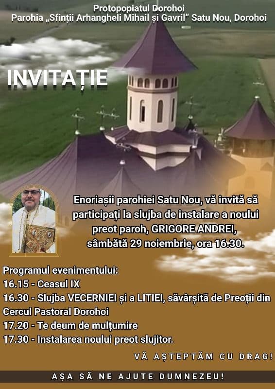 Parohia „Sfinții Arhangheli Mihail și Gavriil” Satu Nou invită credincioșii la instalarea noului paroh