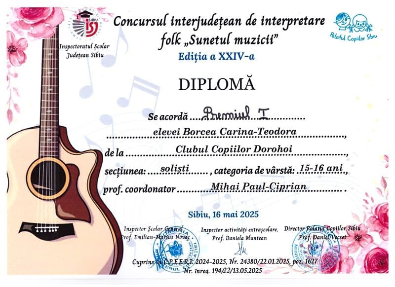 Premiul I - BORCEA CARINA - Festivalul INTERJUDETEAN SUNETUL MUZICII - SIBIU 2025.jpeg