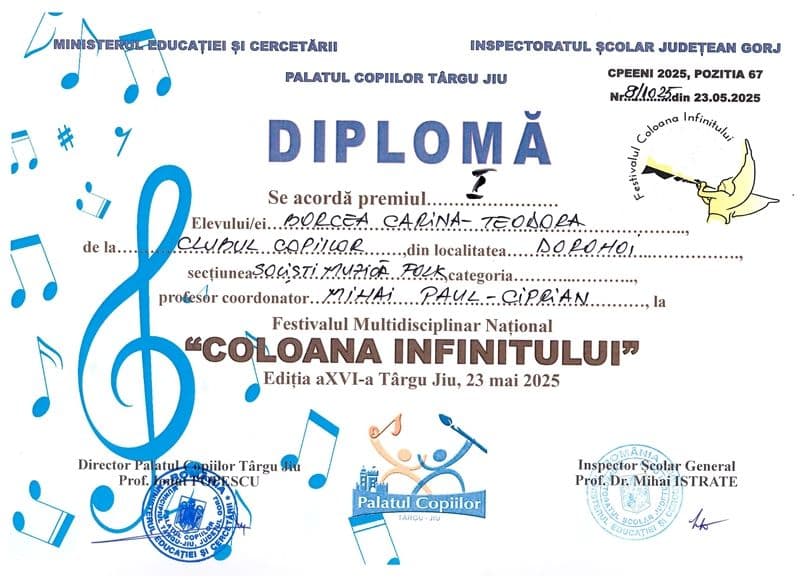 Premiul I - BORCEA CARINA - Festivalul National COLOANA INFINITULUI TARGU JIU 2025