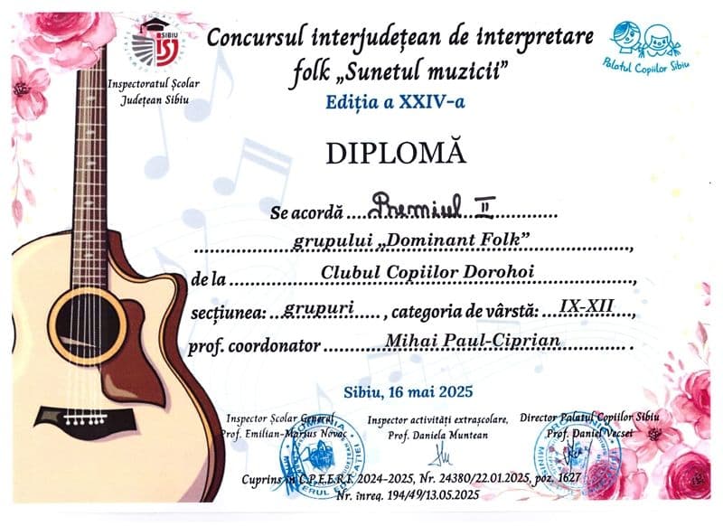 Premiul II - DOMINANT FOLK - Festivalul INTERJUDETEAN SUNETUL MUZICII - SIBIU 2025.jpeg