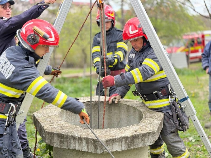 Ied salvat de pompieri după ce a căzut într-o fântână