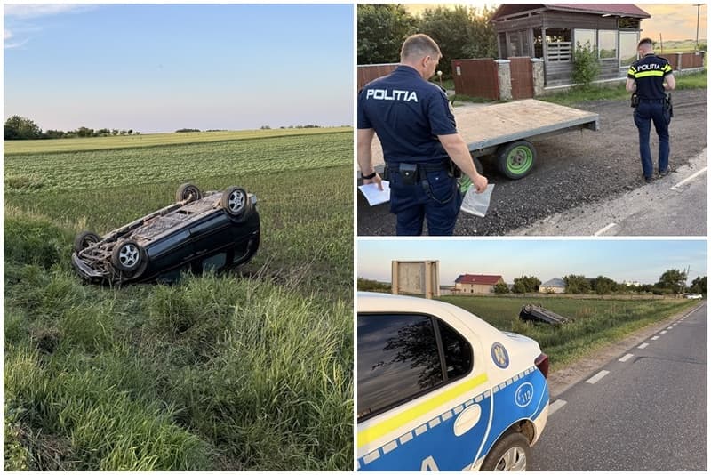 Accident în Saucenița! Mașină care era transportată pe o platformă răsturnată în decor