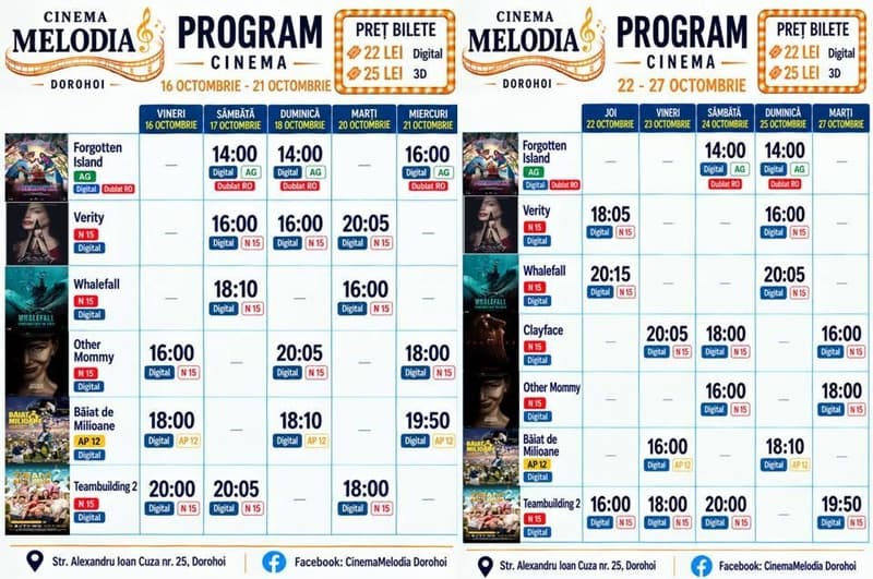 Vezi ce filme vor rula la Cinema „MELODIA” Dorohoi, în perioada 16 octombrie – 1 noiembrie – FOTO
