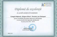 Diplomă de excelență oferită de Ministerul Educației Naționale, Colegiului Național „Grigore Ghica” Dorohoi