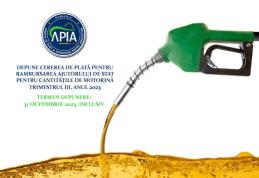 APIA primește cererile de plată pentru rambursarea ajutorului de stat pentru cantitățile de motorină aferente trimestrului III al anului 2023