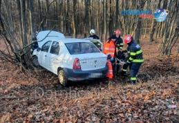 Accident în pădurea Gorovei! O femeie a ajuns la spital după ce a pierdut controlul volanului și s-a izbit într-un copac - FOTO